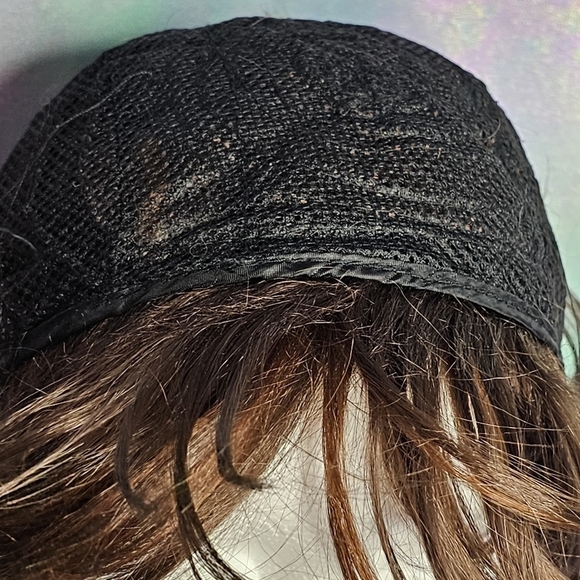 Dark Brown Bob Synthetic Wig w/ Caramel Bronze Highlights & Bangs - Picture 7 of 8